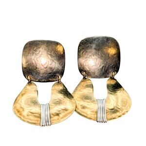 Marjorie Baer SF Signed Brass Mixed Metal Modern Dangle Drop Clip On Earrings